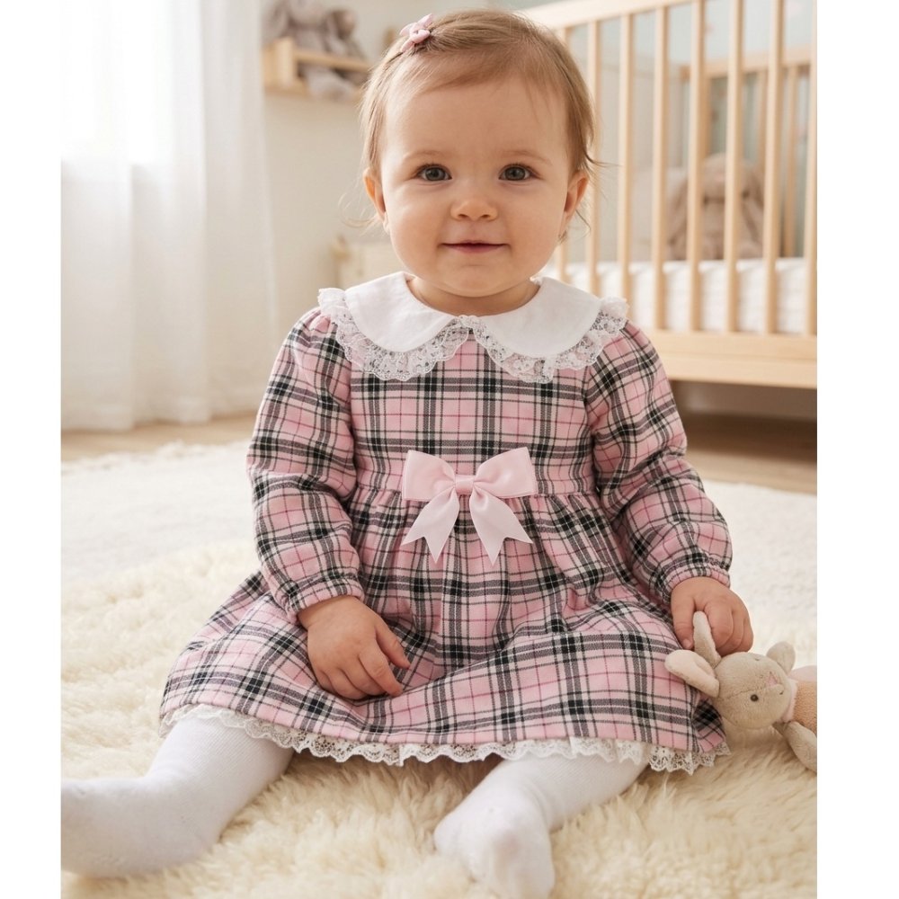 KWD05: Baby Girls Pink Tartan Bow Dress With Lace Trim & Lining (0-4 years, Made in UK) KWD05: Baby Girls Pink Tartan Bow Dress With Lace Trim & Lining (0-4 years, Made in UK)